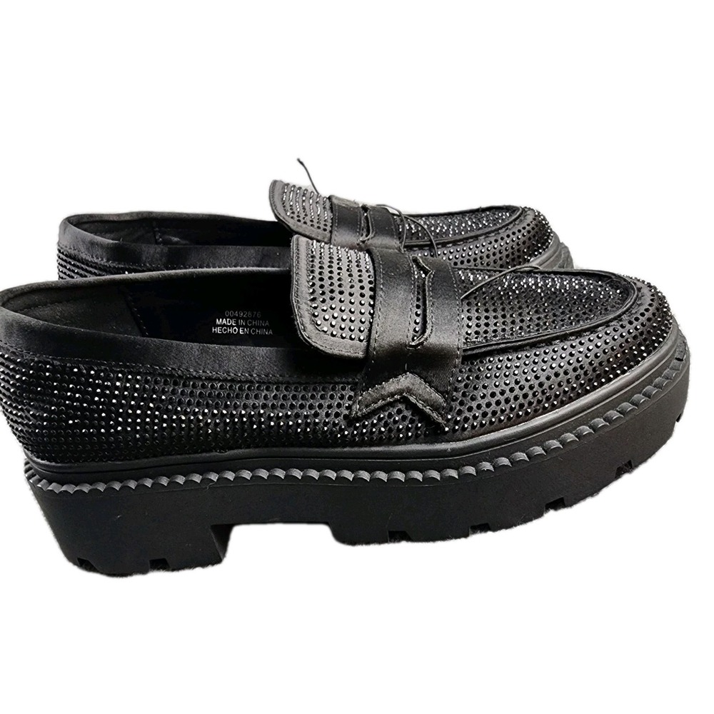 Forever 21 Black Rhinestone Chunky Heel Penny Loafers 6.5‎ Y2K Sparkly Platform